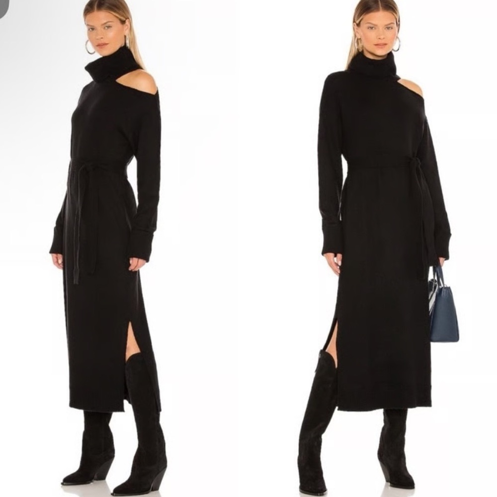 PAIGE Roundi Black Knit Wool Blend Long Sleeve‎ Cutout Sweater Midi Dress Belted